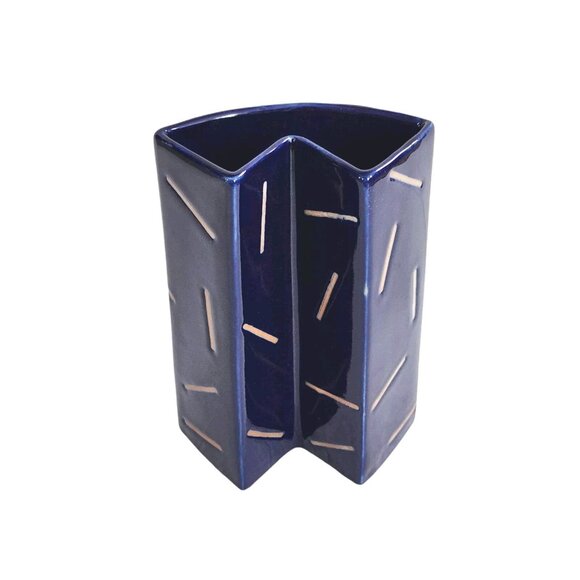 Vintage Stoneware Geometric Vase Retro MCM Rare HTF Cobalt Blue Glazed 6 5/8" - Picture 1 of 14